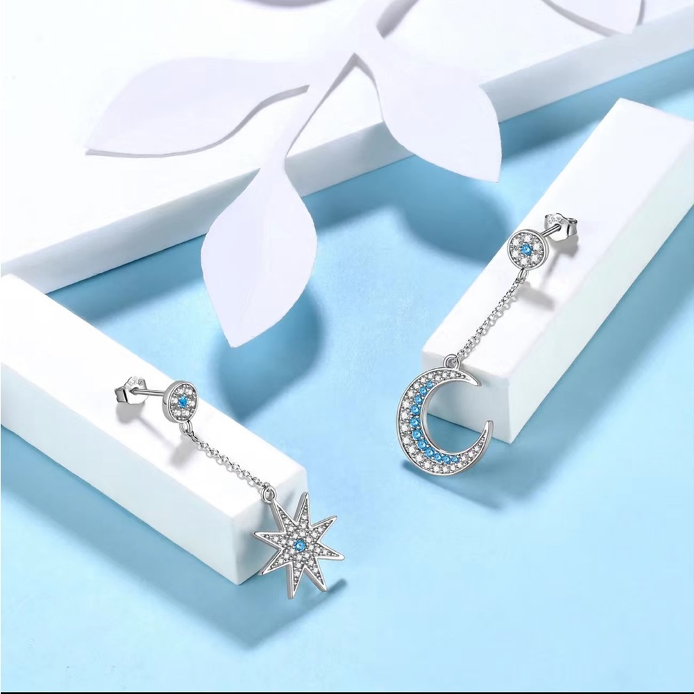 925 Sterling Silver Moon Star Drop Earrings